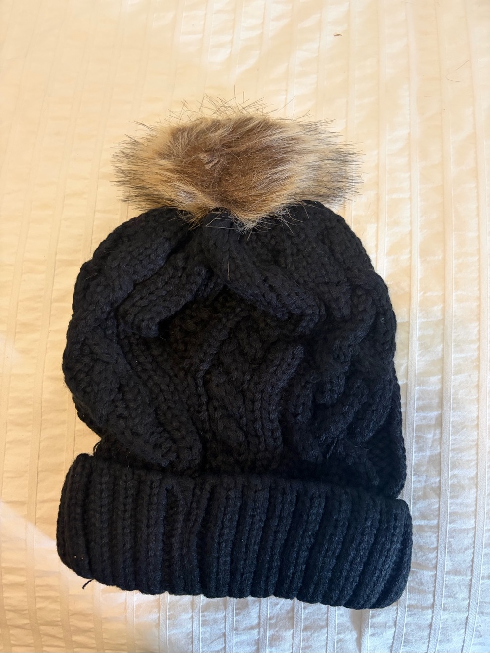 Couture Gypsy Black Cable Knit Beanie with Brown Faux Fur Pom